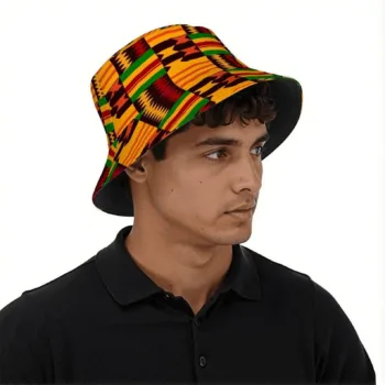 Kente African print bucket hat with colourful geometric pattern and black brim
