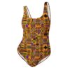 Kente African print one-piece swimsuit with colourful geometric pattern and open-back design