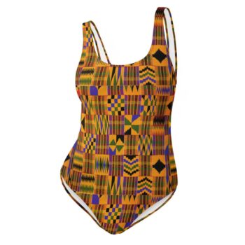 Kente African print one-piece swimsuit with colourful geometric pattern and open-back design