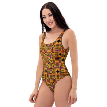 Kente African print one-piece swimsuit with colourful geometric pattern and open-back design
