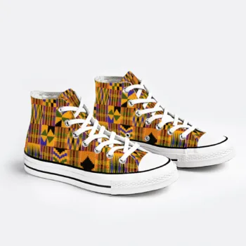 Kente African print high top canvas sneakers with colourful geometric pattern and white laces