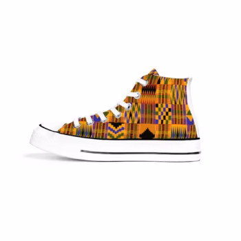 Kente African print high top canvas sneakers with colourful geometric pattern and white laces