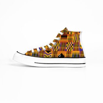 Kente African print high top canvas sneakers with colourful geometric pattern and white laces
