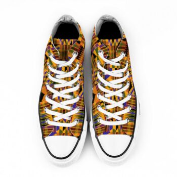 Kente African print high top canvas sneakers with colourful geometric pattern and white laces