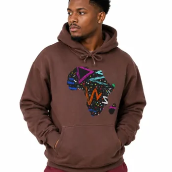 Man wearing a brown unisex pullover hoodie featuring a colorful Africa map graphic with kangaroo pocket and adjustable hood