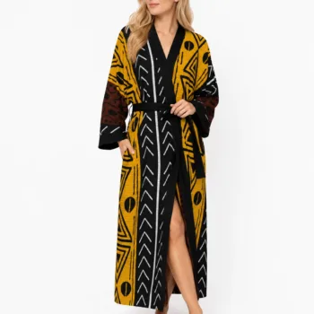 Model wearing orange brown African print satin kimono robe _ bridesmaid robe _ women's Afrocentric nightgown _ African clothing loungewear _ gift for her