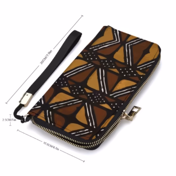 Women’s Mud Cloth African print long PU wallet purse with zipper, card holders and wrist strap