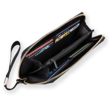 Women’s Mud Cloth African print long PU wallet purse with zipper, card holders and wrist strap