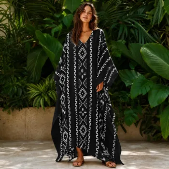 Mud Cloth African Kaftan Robe _ Black & White Beach Cover Up _ Afrocentric V-Neck Caftan