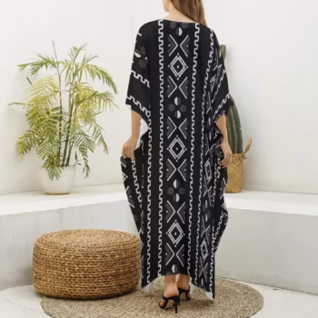 Mud Cloth African Kaftan Robe _ Black & White Beach Cover Up _ Afrocentric V-Neck Caftan