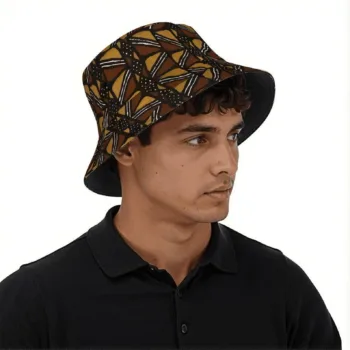 Brown Mud Cloth African print bucket hat with geometric pattern