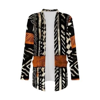 Mud Cloth African print long-sleeve kimono cardigan with pockets in black, cream, and rust brown patterns.
