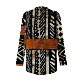 Mud Cloth African print long-sleeve kimono cardigan with pockets in black, cream, and rust brown patterns.