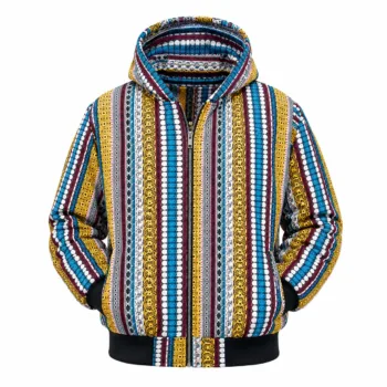 Unisex multicolor striped Ankara African print zip-up hoodie jacket with hood and front kangaroo pockets.