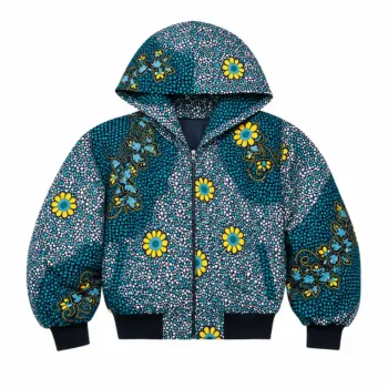 Blue and yellow Ankara African print hoodie jacket with hood and front pockets for casual Afrocentric fashion.