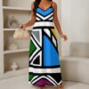 Ndebele African Print maxi dress with bold geometric pattern, V-neck and spaghetti straps