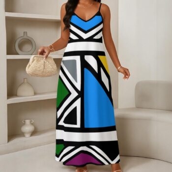 Ndebele African Print maxi dress with bold geometric pattern, V-neck and spaghetti straps