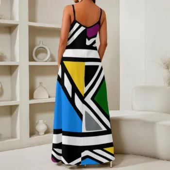 Ndebele African Print maxi dress with bold geometric pattern, V-neck and spaghetti straps