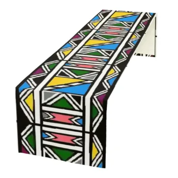 Ndebele table runner with colourful geometric African print on faux linen