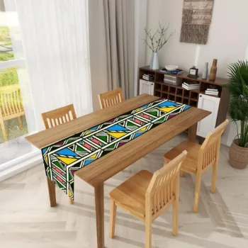 Ndebele table runner with colourful geometric African print on faux linen