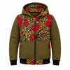 Olive green unisex African Print Hoodie with vibrant Ankara print panels, full front zipper, hood, and front pockets for stylish Afrocentric fashion