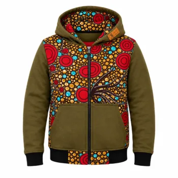 Olive green unisex African Print Hoodie with vibrant Ankara print panels, full front zipper, hood, and front pockets for stylish Afrocentric fashion