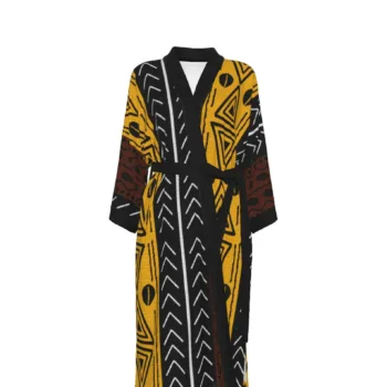 Women's Afrocentric satin kimono robe for loungewear, bridesmaids, and gifting.