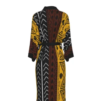 Back view of orange brown African print satin kimono robe with geometric pattern and waist belt.
