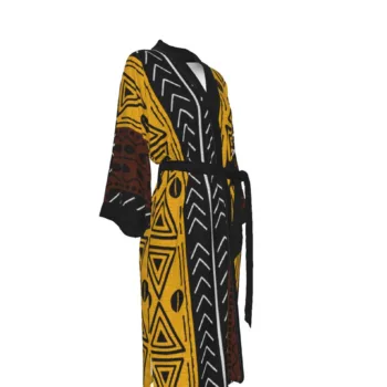 African print kimono robe with black, orange, and brown geometric pattern and tie waist.