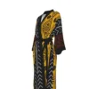 Orange brown African print satin kimono robe with long sleeves and waist tie.