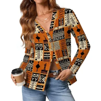 Women's orange mud cloth-inspired African print cardigan with V-neck and long sleeves