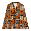 Women's orange mud cloth-inspired African print cardigan with V-neck and long sleeves