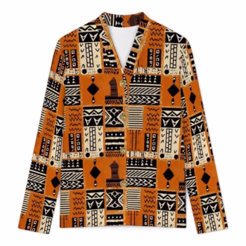 Women's orange mud cloth-inspired African print cardigan with V-neck and long sleeves