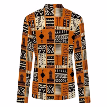 Women's orange mud cloth-inspired African print cardigan with V-neck and long sleeves