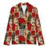 Red African print women's cardigan with geometric tribal-inspired pattern and long sleeves
