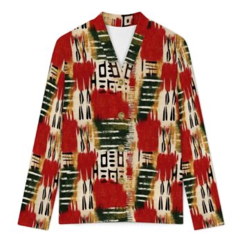 Red African print women's cardigan with geometric tribal-inspired pattern and long sleeves