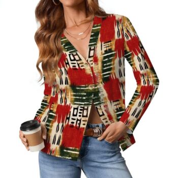 Red African print women's cardigan with geometric tribal-inspired pattern and long sleeves