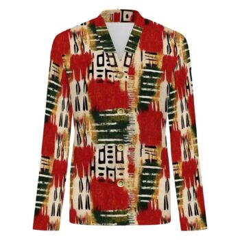 Red African print women's cardigan with geometric tribal-inspired pattern and long sleeves