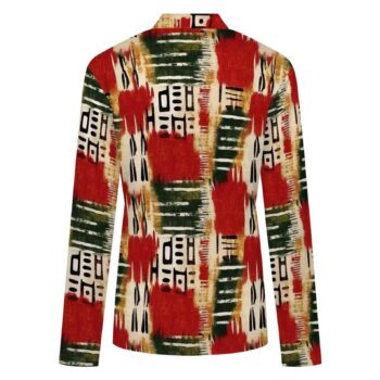 Red African print women's cardigan with geometric tribal-inspired pattern and long sleeves