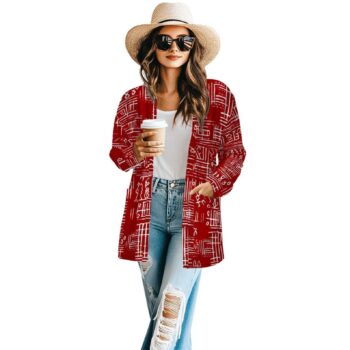 Red African print women's kimono jacket with white geometric tribal pattern and long sleeves