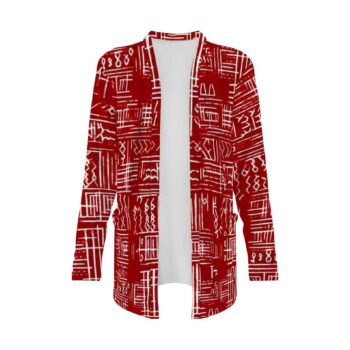 Red African print women's kimono jacket with white geometric tribal pattern and long sleeves