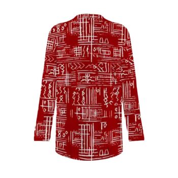 Red African print women's kimono jacket with white geometric tribal pattern and long sleeves