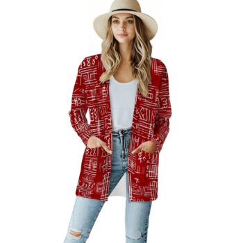 Red African print women's kimono jacket with white geometric tribal pattern and long sleeves