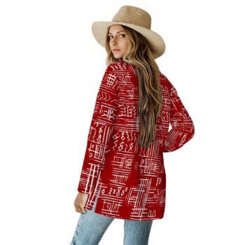 Red African print women's kimono jacket with white geometric tribal pattern and long sleeves