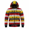 Unisex red, yellow, black, and white Ankara African print zip-up hoodie jacket with hood and ribbed cuffs.