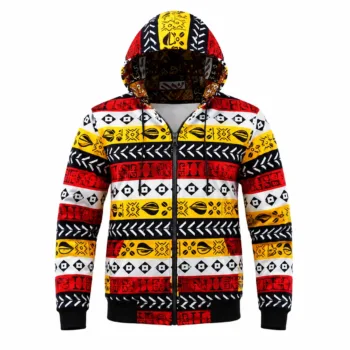 Unisex red, yellow, black, and white Ankara African print zip-up hoodie jacket with hood and ribbed cuffs.
