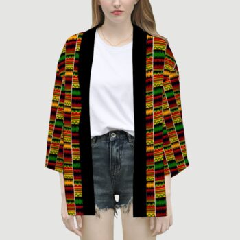 Unisex Kente African print kimono robe with vibrant Ghana-inspired pattern
