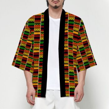Unisex Kente African print kimono robe with vibrant Ghana-inspired pattern