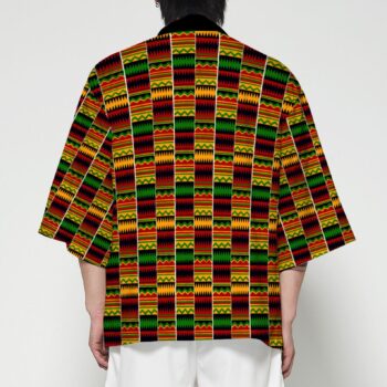 Unisex Kente African print kimono robe with vibrant Ghana-inspired pattern