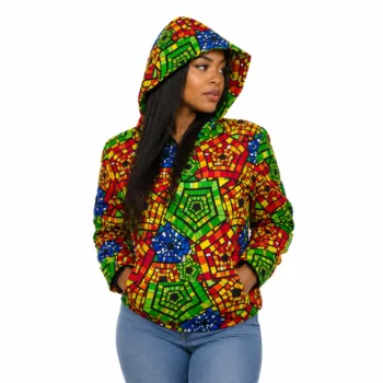 Unisex multicolor Kente-inspired African print zip-up hoodie jacket with hood and front pockets.